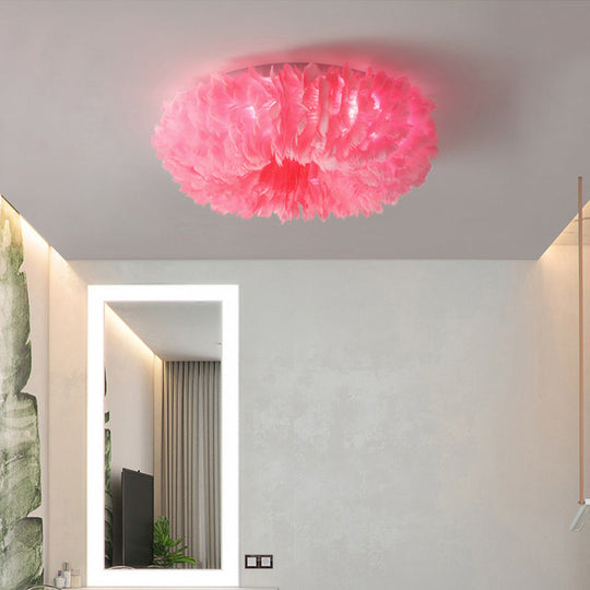 Feather Modernist Donut Flush Ceiling Light - Chic Girls Room Lighting Fixture Pink / 16