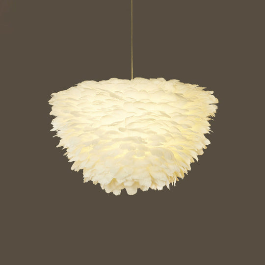 White Floral Pendant Chandelier With Feather Accent - Simple Dining Room Lighting