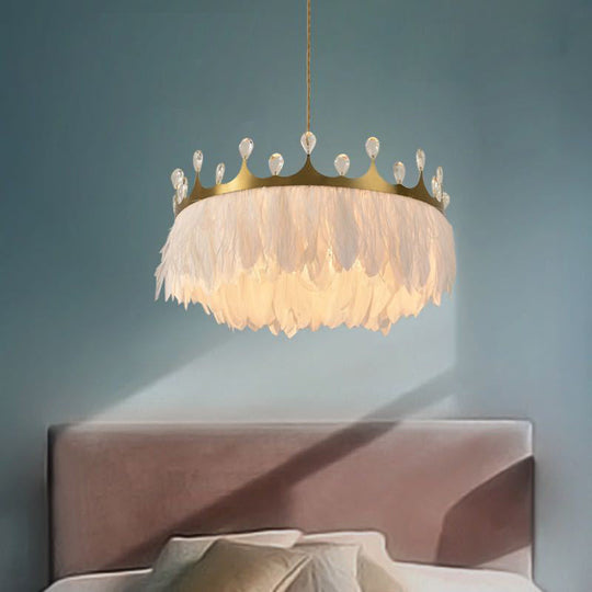 Minimalist Feather Crown Pendant Light - White Suspension With Crystal Deco