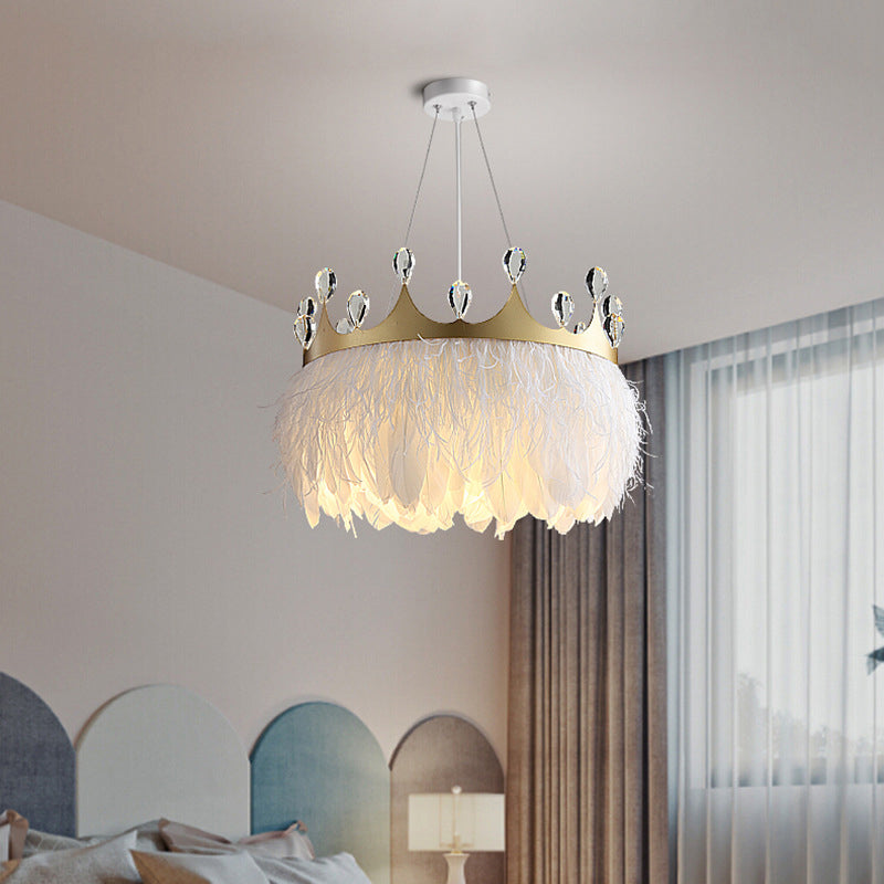Minimalist Feather Crown Pendant Light - White Suspension With Crystal Deco
