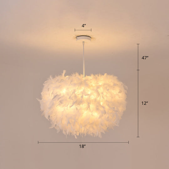 White Goose Feather Dome Ceiling Light Fixture - Elegant Pendant For Bedroom / 18’