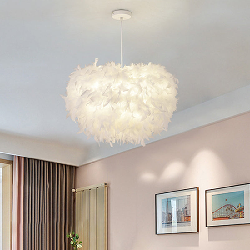 White Goose Feather Dome Ceiling Light Fixture - Elegant Pendant For Bedroom