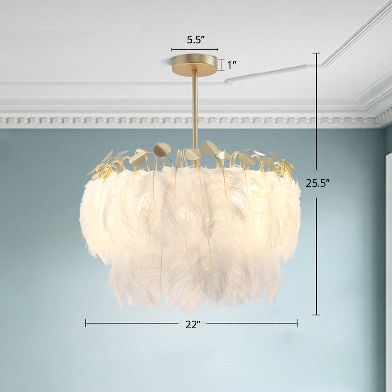 Feather White Bedroom Chandelier: Round Postmodern Hanging Lamp / 22’