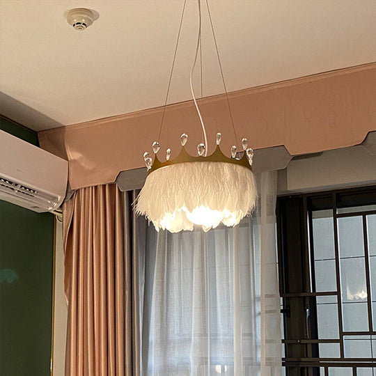 Feathered Crown Child Room Chandelier: Minimalist Pendant Lamp In White With Crystal Accents