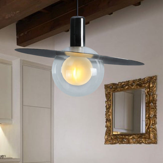 Contemporary Black Glass Pendant Lamp With Led And Ring Disk