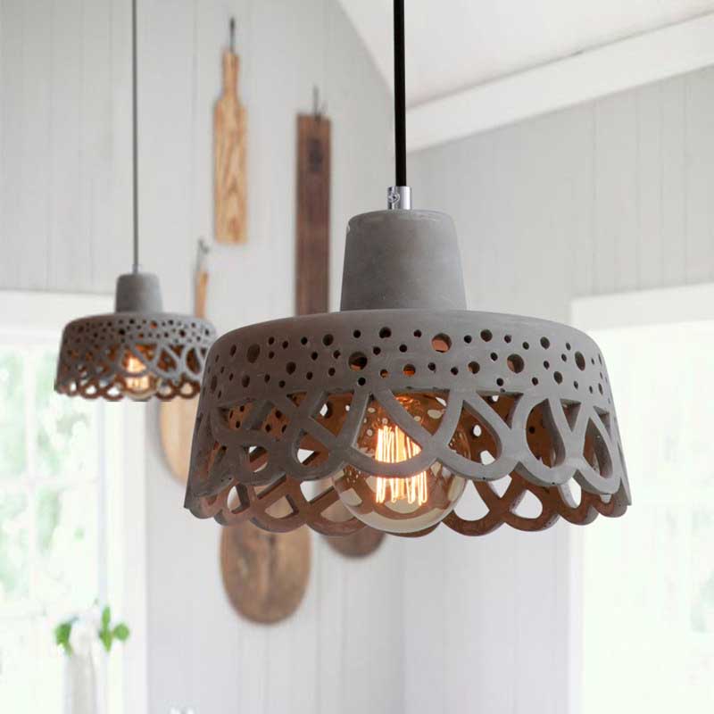 Nordic Style Etched Pendant Lighting: Concrete 1-Light Grey/White/Yellow With Geometric/Bell/Flared
