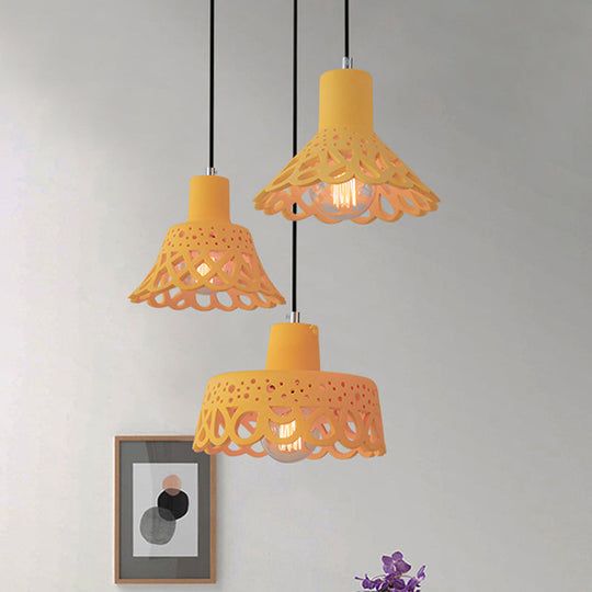 Nordic Style Etched Pendant Lighting: Concrete 1-Light Grey/White/Yellow With Geometric/Bell/Flared