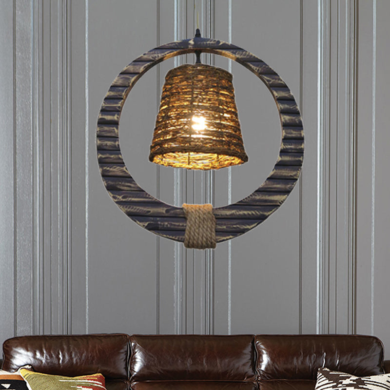 Modern Brown Rattan Hanging Pendant Light With Wooden Ring - 1 Head
