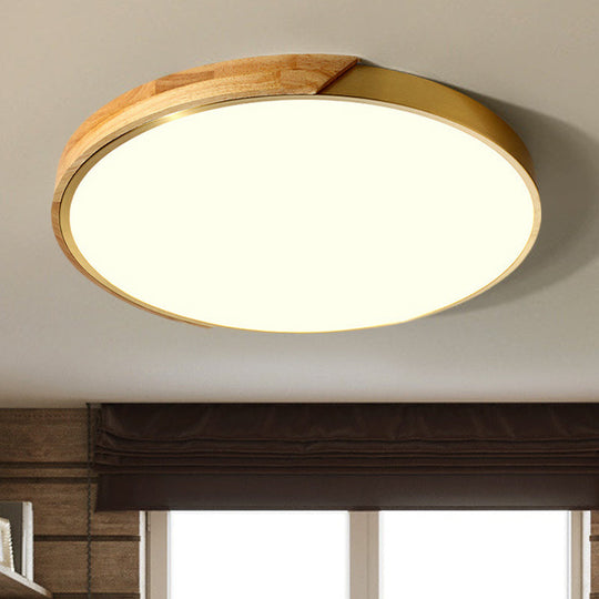 Sleek Drum Ceiling Light With Led Wood Flush Mount White/Warm 12/16 Width
