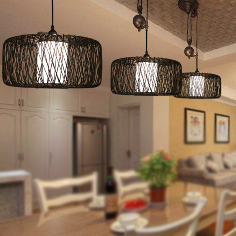 1-Light Restaurant Hanging Bamboo Drum Pendant Lamp 16’’/23.5’’ Wide Black Shade Fixture