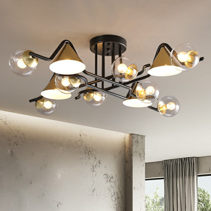 Minimalist Glass Semi Flush Ceiling Light - Cone And Ball Shaped Black - Brass Finish 12 / Clear