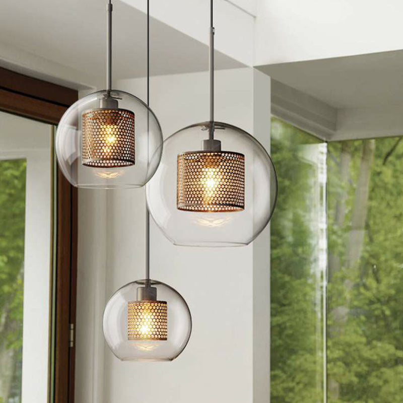Modern Clear Glass Pendant Light With Brass Finish - Geometric Design & Mesh Inside