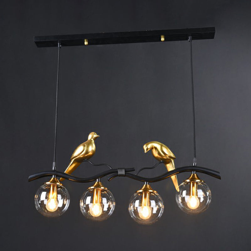 Modern Branch Island Pendant Light With Ball Glass Shade And Bird Deco - Metal 4-Light Fixture For