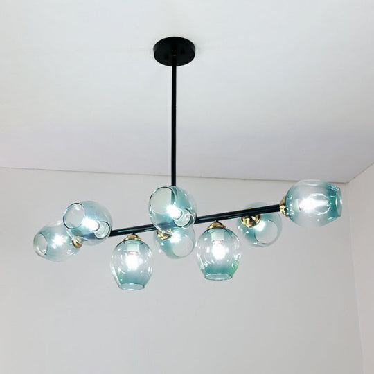 Dimpled Glass Linear Island Pendant Light With 8-Bulbs For Minimalist Dining Room Blue