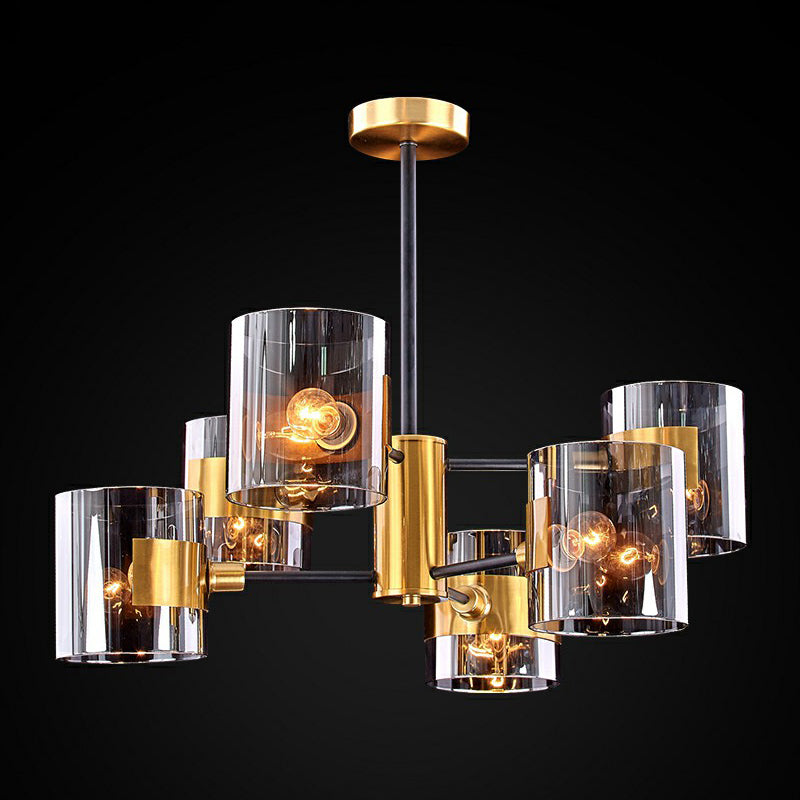 Minimalistic Smoke Grey Glass Cylinder Chandelier: Black-Brass Ceiling Pendant Light For Dining Room