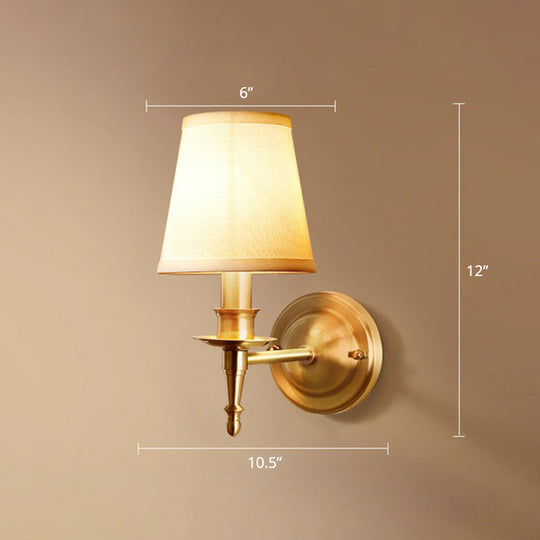 Modern Brass Taper Wall Lamp: Stylish Single-Bulb Fabric Sconce For Corridor