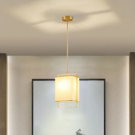 Modern Gold Drop Pendant With Rectangular Fabric Shade - Bedroom Hanging Light