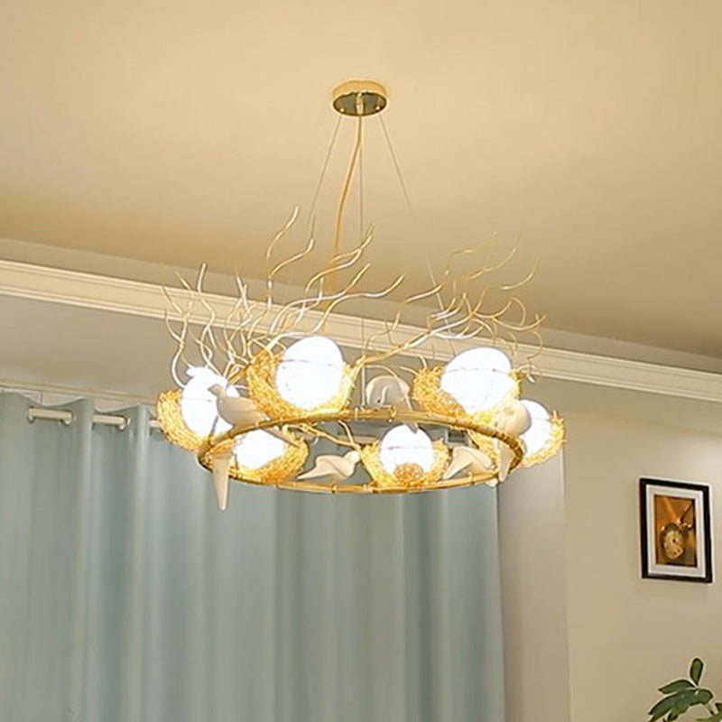 Artistic 3-Light Beige Nest And Egg Island Pendant With Cream Glass Shade