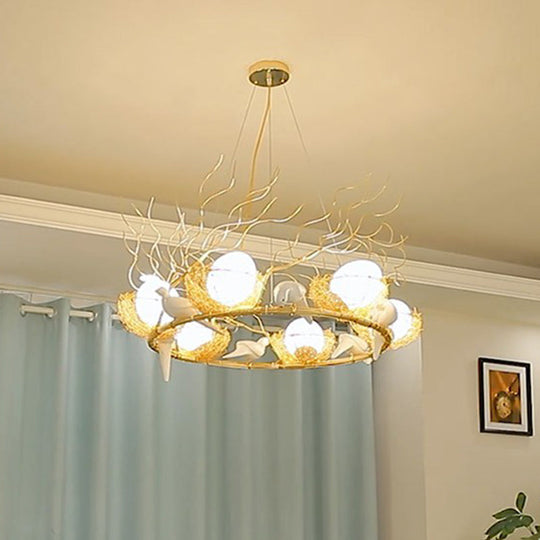 Artistic 3-Light Beige Nest And Egg Island Pendant With Cream Glass Shade