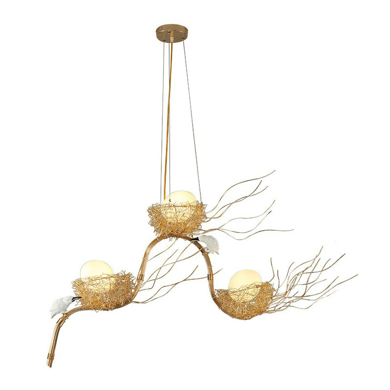 Artistic 3-Light Beige Nest And Egg Island Hanging Light With Cream Glass Shade