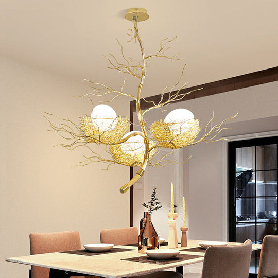 Modern Nest Pendant Light In Beige Aluminum - 3 Heads Chandelier Fixture For Dining Room