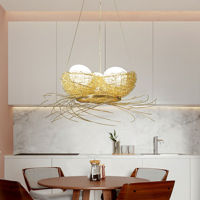 Modern Nest Pendant Light In Beige Aluminum - 3 Heads Chandelier Fixture For Dining Room