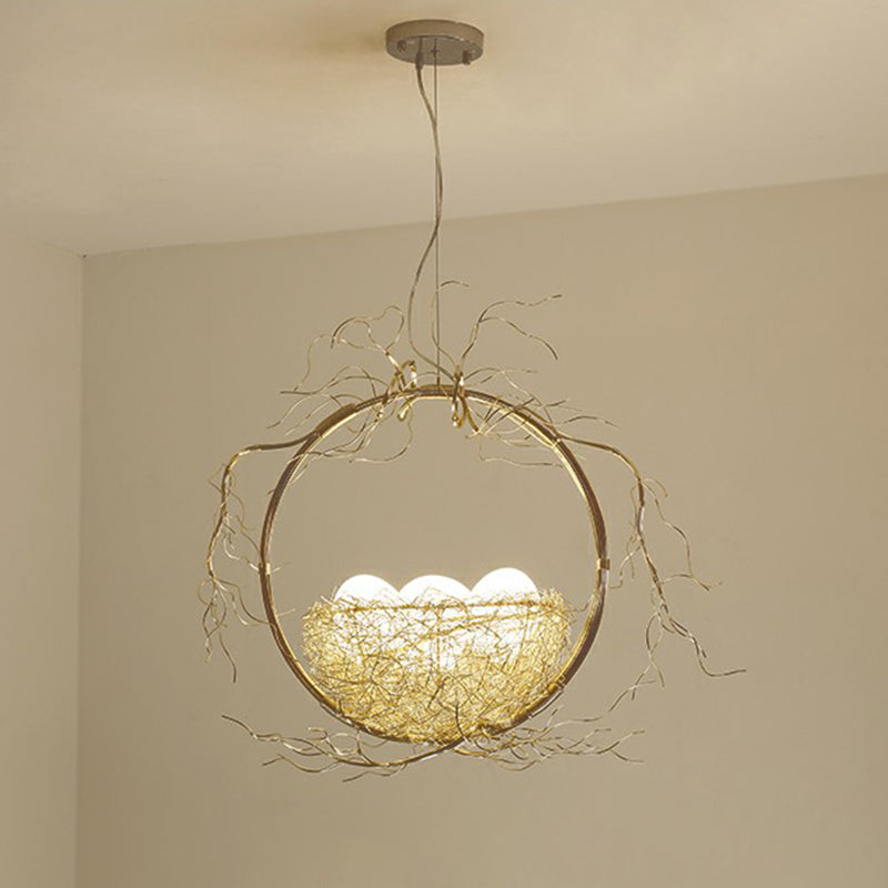 Modern Nest Pendant Light In Beige Aluminum - 3 Heads Chandelier Fixture For Dining Room / Circle
