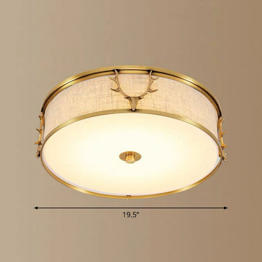 Nordic Style Ceiling Flush Light With Decorative Antler Design For Foyer - Fabric Drum Brass / 19.5’