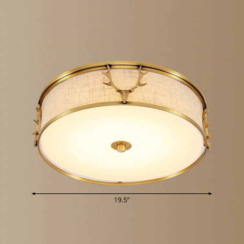 Nordic Style Ceiling Flush Light With Decorative Antler Design For Foyer - Fabric Drum Brass / 19.5