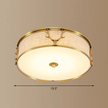 Nordic Style Ceiling Flush Light With Decorative Antler Design For Foyer - Fabric Drum Brass / 19.5