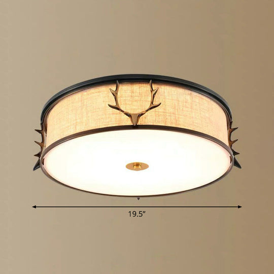 Nordic Style Ceiling Flush Light With Decorative Antler Design For Foyer - Fabric Drum Black / 19.5’
