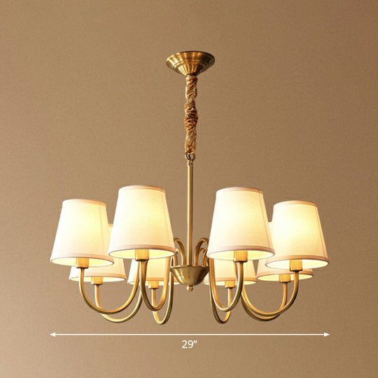 Minimalistic Brass Chandelier With Curvy Arm And Cone Fabric Shade For Living Room Pendant Lighting