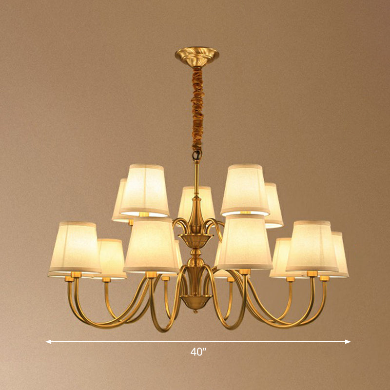Minimalistic Brass Chandelier With Curvy Arm And Cone Fabric Shade For Living Room Pendant Lighting