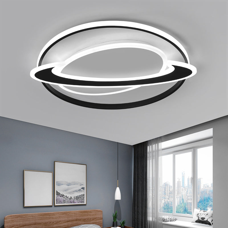Ringed Planet Led Flush Mount Ceiling Light In Black-White - Nordic Acrylic Fixture For Bedroom