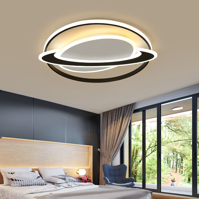 Ringed Planet Led Flush Mount Ceiling Light In Black - White - Nordic Acrylic Fixture For Bedroom