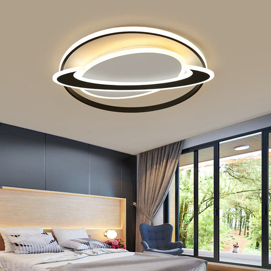 Ringed Planet Led Flush Mount Ceiling Light In Black - White - Nordic Acrylic Fixture For Bedroom