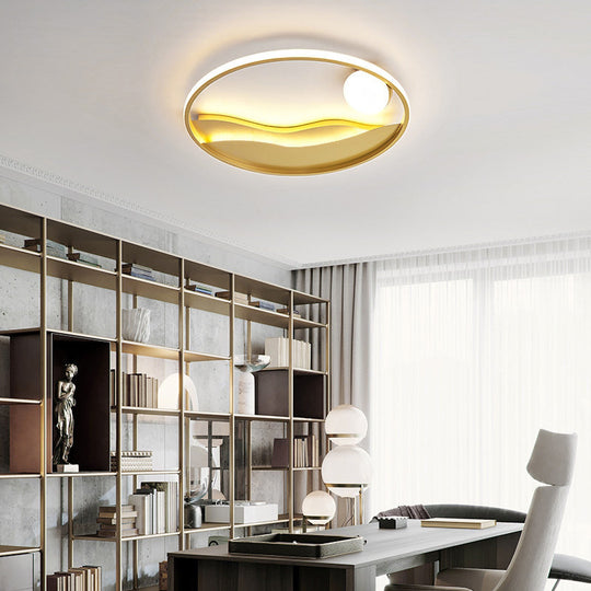 Metal Sunset & Sea Led Ceiling Light With Halo Ring For Bedroom Flush Mounting