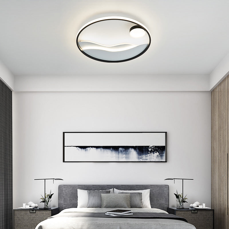 Metal Sunset & Sea Led Ceiling Light With Halo Ring For Bedroom Flush Mounting
