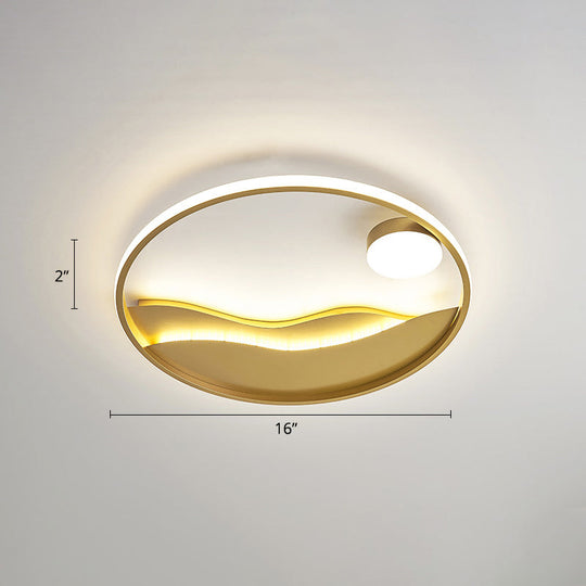 Metal Sunset & Sea Led Ceiling Light With Halo Ring For Bedroom Flush Mounting Gold / 16 Remote