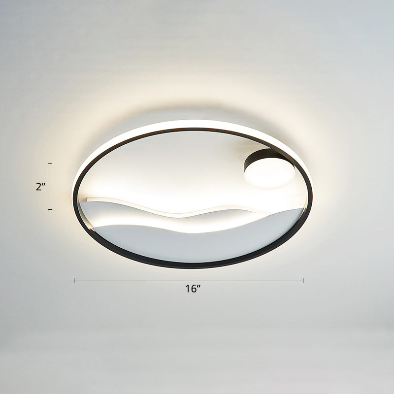 Metal Sunset & Sea Led Ceiling Light With Halo Ring For Bedroom Flush Mounting Black-White / 16