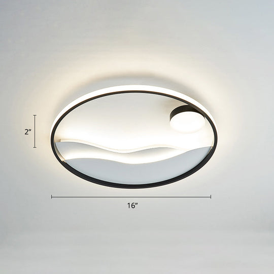 Metal Sunset & Sea Led Ceiling Light With Halo Ring For Bedroom Flush Mounting Black-White / 16