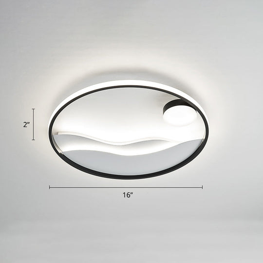 Metal Sunset & Sea Led Ceiling Light With Halo Ring For Bedroom Flush Mounting Black - White /