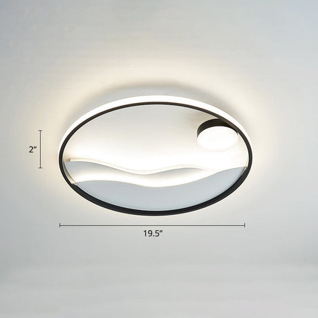Metal Sunset & Sea Led Ceiling Light With Halo Ring For Bedroom Flush Mounting Black-White / 19.5