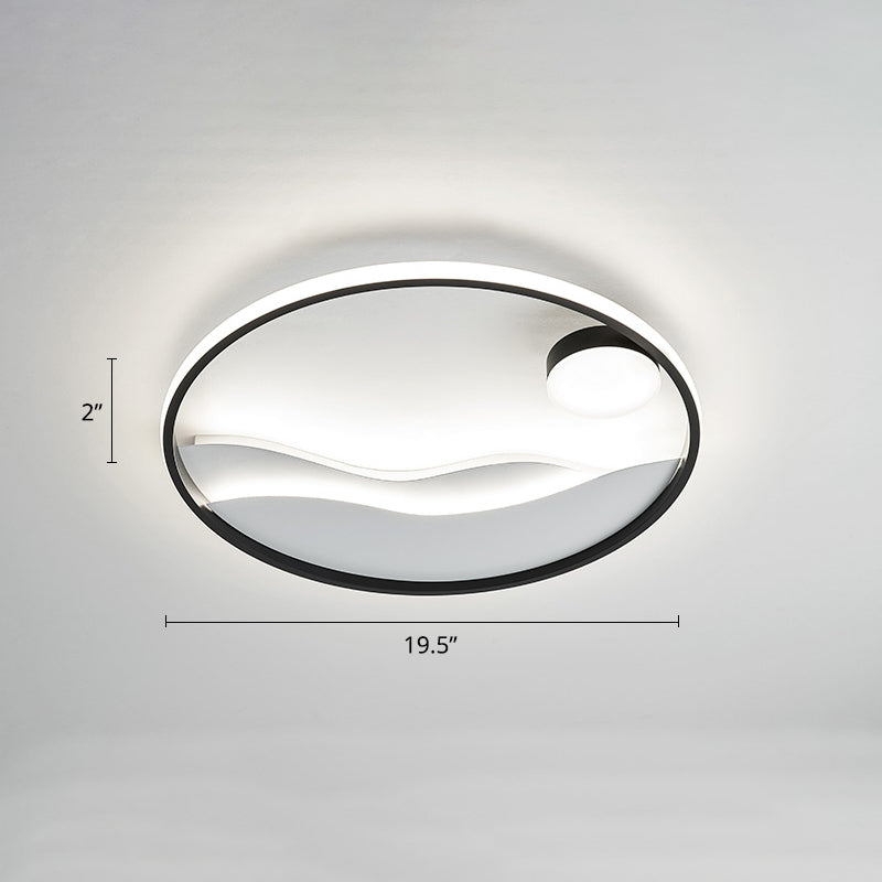 Metal Sunset & Sea Led Ceiling Light With Halo Ring For Bedroom Flush Mounting Black-White / 19.5