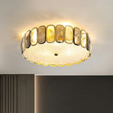Postmodern Drum Ceiling Flush Light Fixture With Smoky And Amber Crystal Led Mount In Brass For