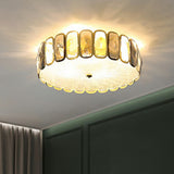 Postmodern Drum Ceiling Flush Light Fixture With Smoky And Amber Crystal Led Mount In Brass For