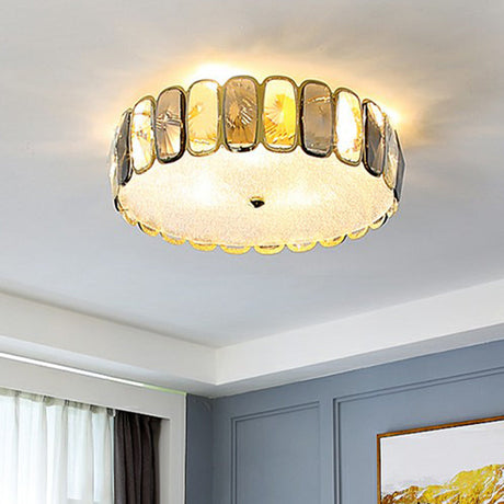 Postmodern Drum Ceiling Flush Light Fixture With Smoky And Amber Crystal Led Mount In Brass For