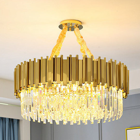 Modern Brass Drum Chandelier With Crystal Prism Shade - Simple Style Suspension Light 12 /