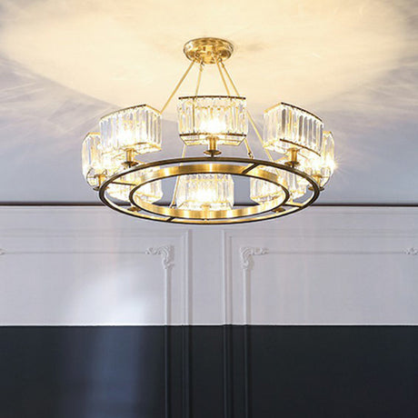Minimalist Gold Circular Chandelier With Crystal Block Suspension - Ideal For Living Room