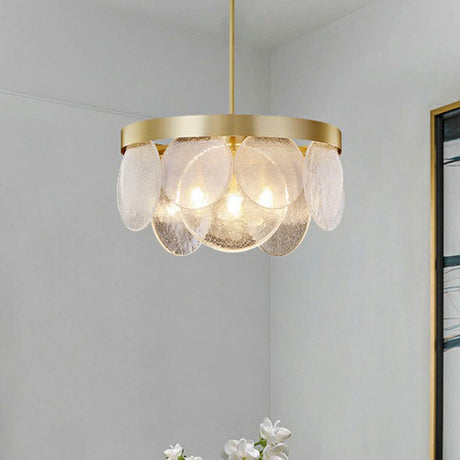 Seeded Glass Disc Pendant Chandelier - Postmodern 3-Light Brass Design For Living Room
